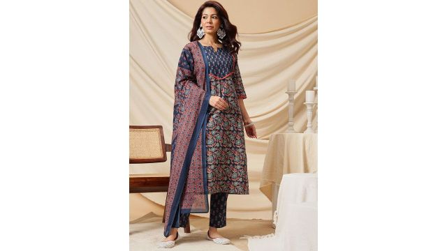 Ginni arora label Floral Printed Notch Neck Pure Cotton Kurta & Trouser With Dupatta
