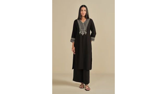 Global desi Black Embroidered Calf Length Casual Women Regular Fit Kurta