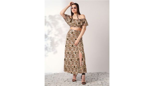 Globus Ikat Print Off Shoulder Ruffle Fitted Crop Top With Side Slit Maxi Skirt Co-ord Set