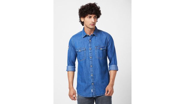 Graphic Printed Slim Fit Opaque Denim Casual Shirt