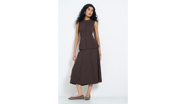 Honey Brown Textured Panelled A-Line Midi Skirt