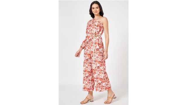 Honey Off White Printed Off-Shoulder Casual Full Length Full Sleeves Women Relaxed Fit Jumpsuit