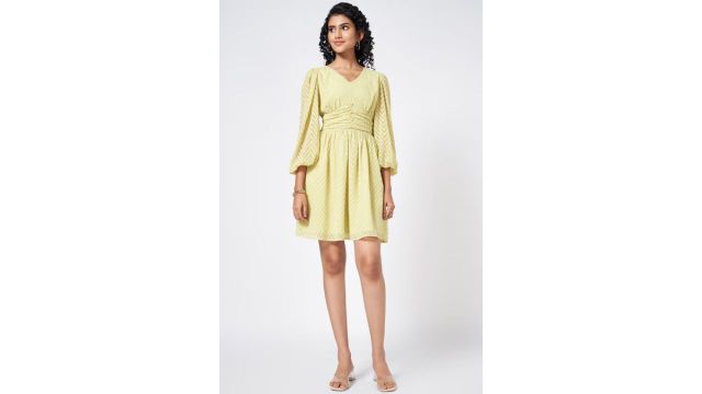 Honey Olive Textured Knee Length Casual Women Slim Fit Dress