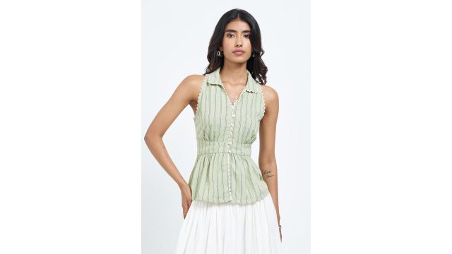 Honey Sage Striped Sleeveless Collared Peplum Top