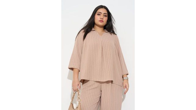 Honey curvitude Beige Pinstripe Textured Collared Top