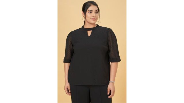Honey curvitude Black Textured Formal Full Sleeves Mandarin Collar Women Regular Fit Top