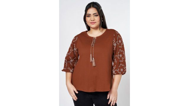 Honey curvitude Rust Solid Casual Puff Sleeves Round Neck Women Regular Fit Tops
