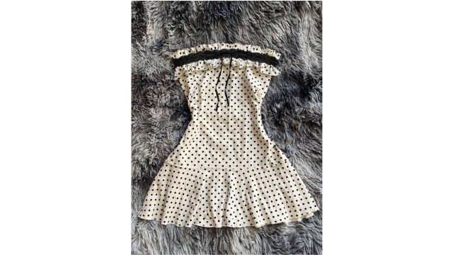 IslaSuriya Women Frill Trim Polka Dot Print Contrast Lace Strapless Mini Dress