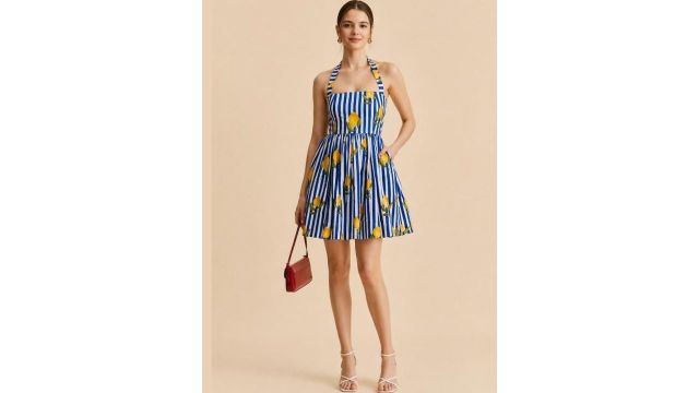 Kaori Print Halter Neck Crepe A-Line Dress