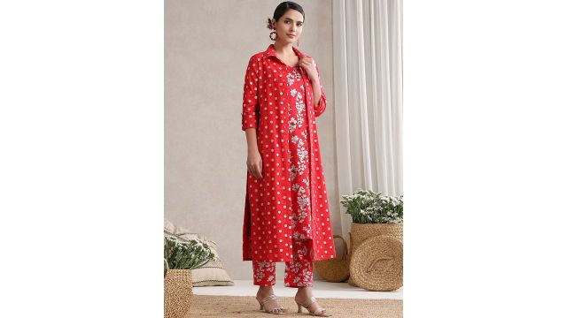Khushal k Floral Printed Cotton Tunic With Trouser & Jacket Co-Ords
