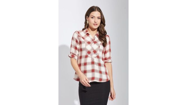 Latin quarters Red Checked Casual Puff Sleeves Shirt Collar Women Regular Fit Top