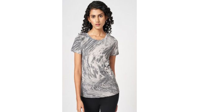 Light Grey Printed All - Over Athleisure Half Sleeves Round Neck Women Regular Fit T-Shirts