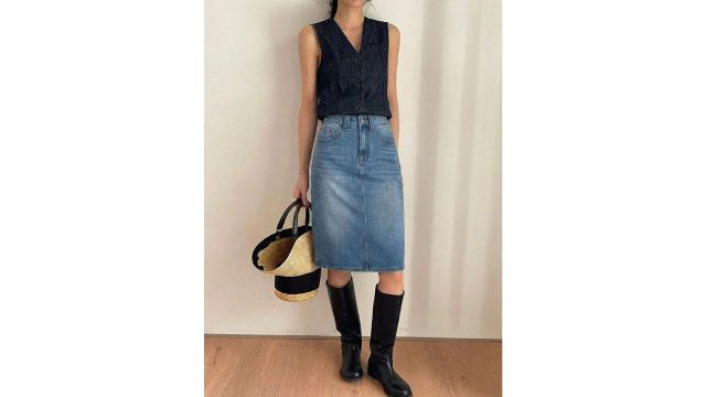 Livesso Women's High Waist Light Blue Washed Denim Slim Fit A-Line Skirt