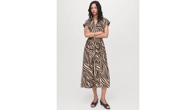 Mango Zebra Print Belted Shirt Midi Dress