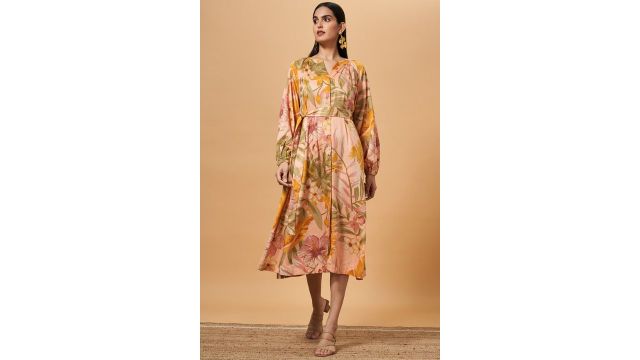 Marigold Lane Peach Printed Mandarin Collar Casual Calf Length Full Sleeves Women Flared Ethnic Dresses