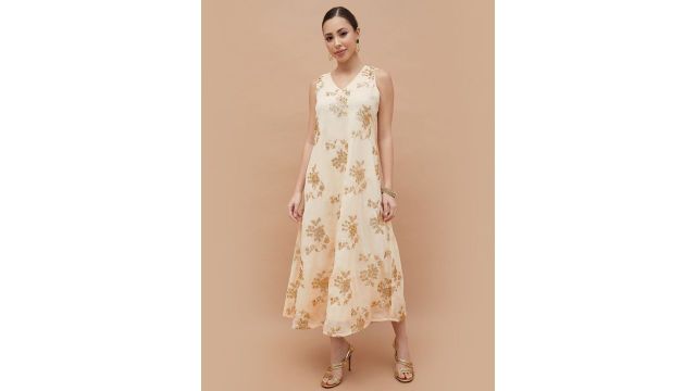 Melange Floral Embroidered & Sequined A-Line Midi Dress