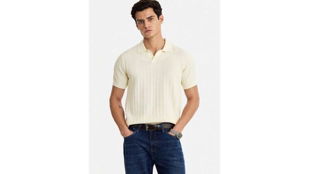 Men Striped Polo Collar Pure Cotton Blend Pockets T-shirt