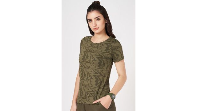 Olive Printed Athleisure Half Sleeves Round Neck Women Regular Fit T-Shirt