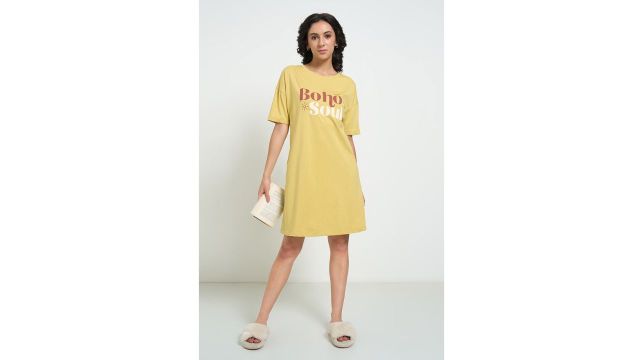 Olive Printed Knee Length Sleepwear Women Relaxed Fit Night Dress