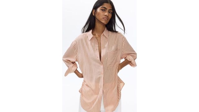 Oversized Linen-blend Shirt in Apricot and Black Stripes