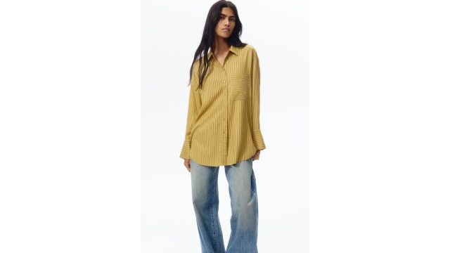 Oversized Linen-blend Shirt in Beige and Black