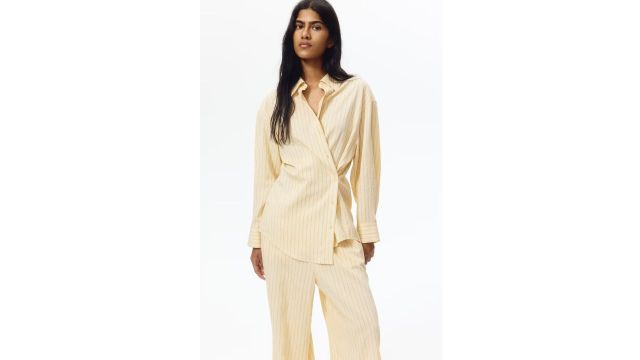 Oversized Linen-blend Shirt in Light Beige and Black Pinstripes