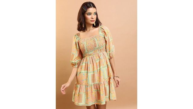 Peach-Coloured Floral Print Puff Sleeve Fit & Flare Dress