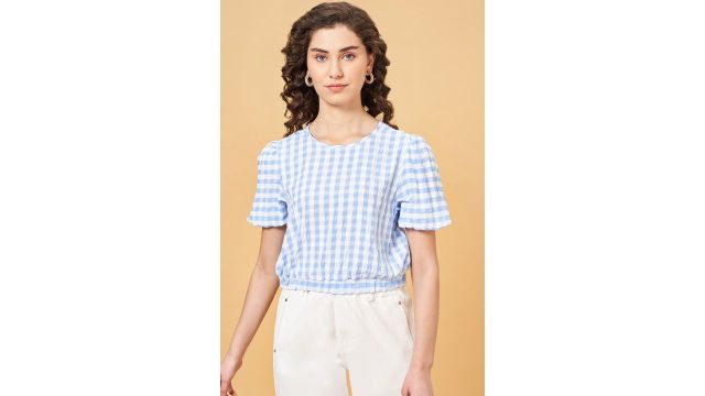 People Light Blue Textured Casual Puff Sleeves Round Neck Women Relaxed Fit Tops