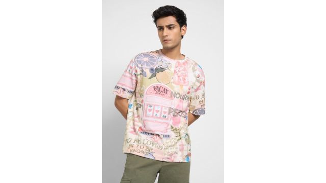 People Pink Printed-Graphic Casual Half Sleeves Round Neck Men Boxy T-Shirt
