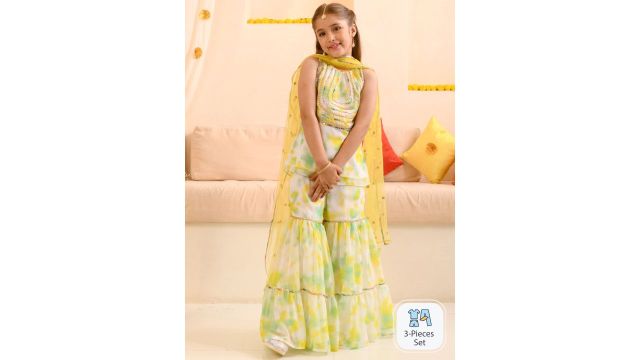 Pspeaches Girls White And Green Tie Dye Georgette Kurta Sharara Dupatta Set
