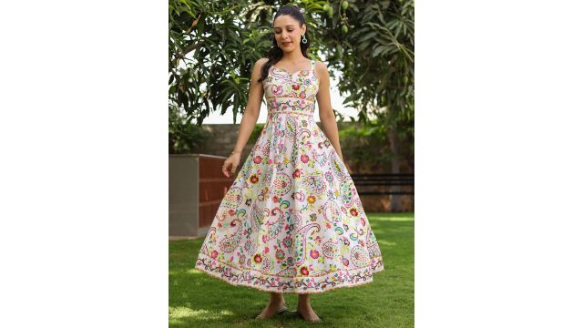 Rain and rainbow Printed Pure Cotton Fit & Flared Midi Dress