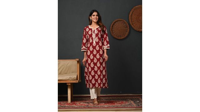 Rimeline Floral Printed Notch-Neck Straight Kurta