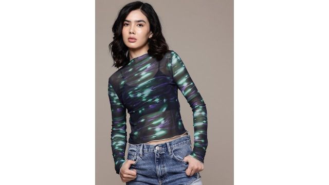 Roadster The Life Co. Abstract Printed Mesh Sheer Fitted Crop Top
