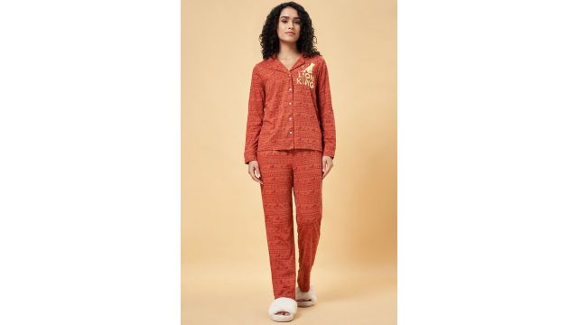 Rust Printed Sleepwear Women Relaxed Fit Night Dresses
