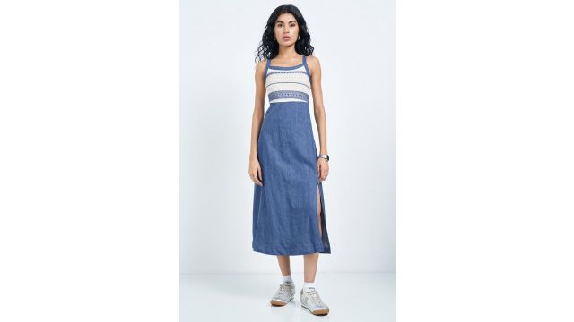 SF Jeans Blue Crochet Bodice Empire Line Strappy Midi Dress with Slit
