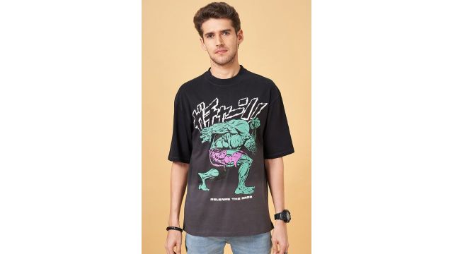 SF jeans Black Printed-Graphic Casual Half Sleeves Crew Neck Men Oversized T-Shirts