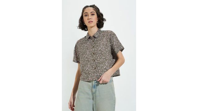 SF jeans Dark Olive Printed Casual Dolman Sleeves Shirt Collar Women Relaxed Fit Top