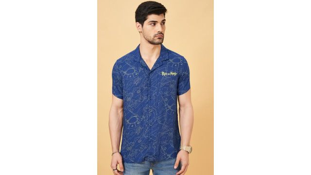 SF jeans Navy Printed Casual Half Sleeves Shirt Collar Men Slim Fit Casual Shirts