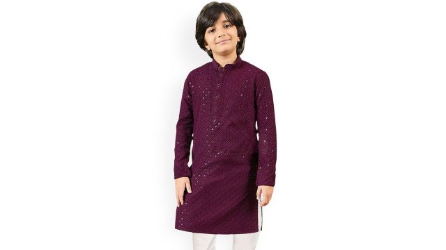 SG yuvraj Boys Woven Design Embroidered Sequinned Mandarin Collar Kurta