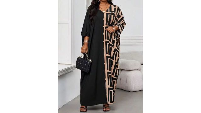 SHEIN Lady Plus Size V-Neck Long Sleeve Solid Color Patchwork Loose Casual Business Casual Elegant Dress