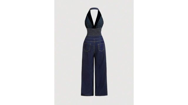 SHEIN MOD MOD Women's Halter Neck Backless Denim Jumpsuit
