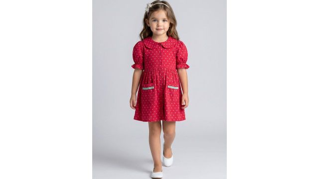 Sangria Polka Dot Print Peter Pan Collar Puff Sleeve A-Line Dress