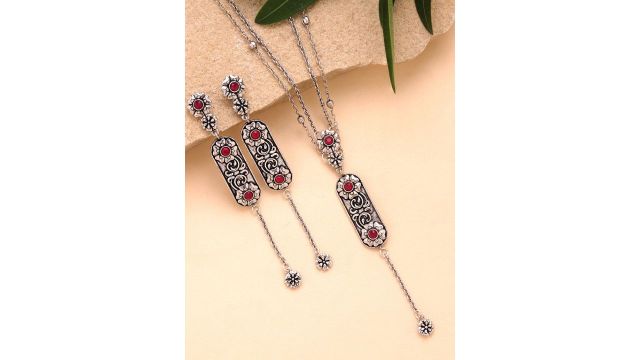 Silver-Plated Oxidised Cubic Zirconia Necklace and Earrings