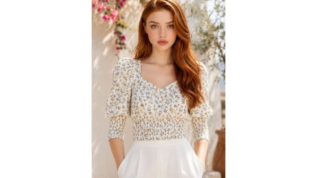 Steet 9 Floral Print Sweetheart Neck Puff Sleeve Georgette Crop Top