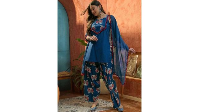 Stylum Women Regular Blue Pure Cotton Kurti With Farshi Salwar & Dupatta