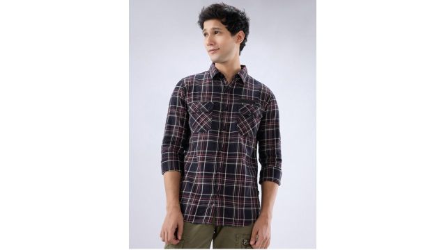 Tartan Checked Spread Collar Denim Casual Cotton Shirt