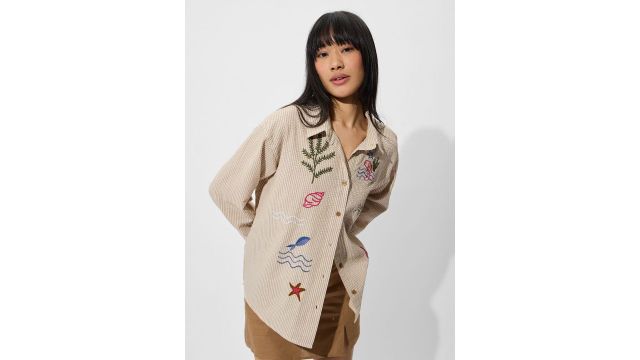The souled store Women Oversized Fit Textured Beige Shirts