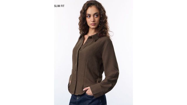The souled store Women Slim Fit Textured Coffee Brown Shirts