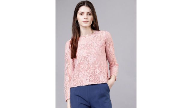 Tokyo Talkies Women Pink Self Design Top