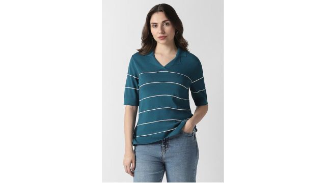 Van heusen Medium Blue Striped Formal Polo Collar Women Regular Fit Top